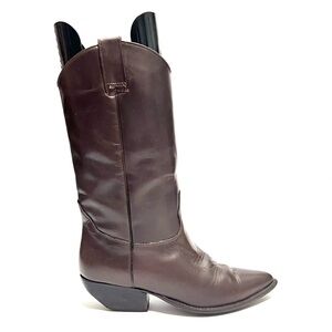 Vintage 1980s women's chocolate brown leather pointed toe mid calf western boots